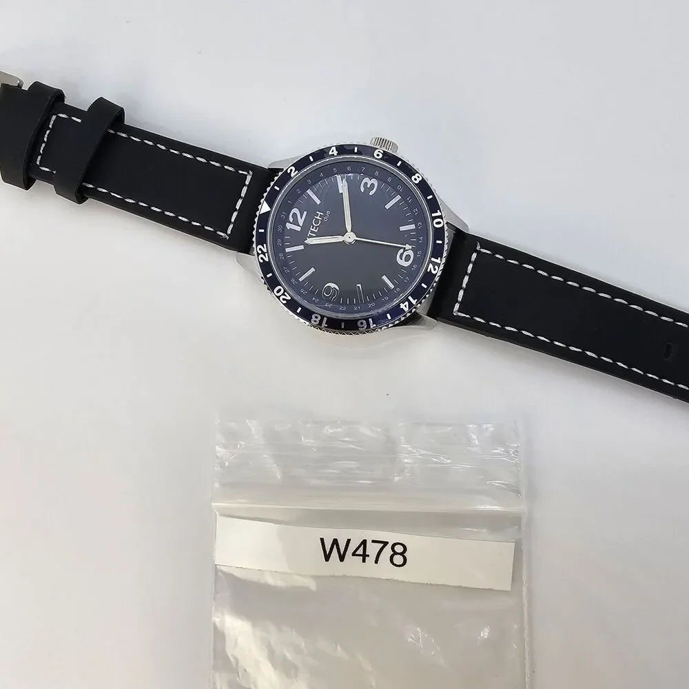 Men's Watch 46MM Large Gray Case Blue‎ Dial Black Leather Bands New Battery